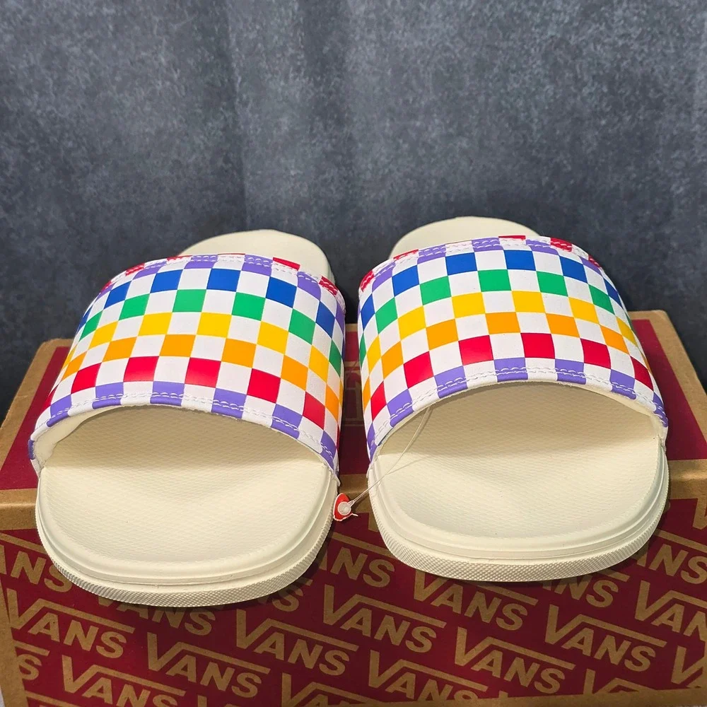 NWB Vans La Costa Slide-On Rainbow Checkerboard‎ Marshmallow Kids Size 6.0